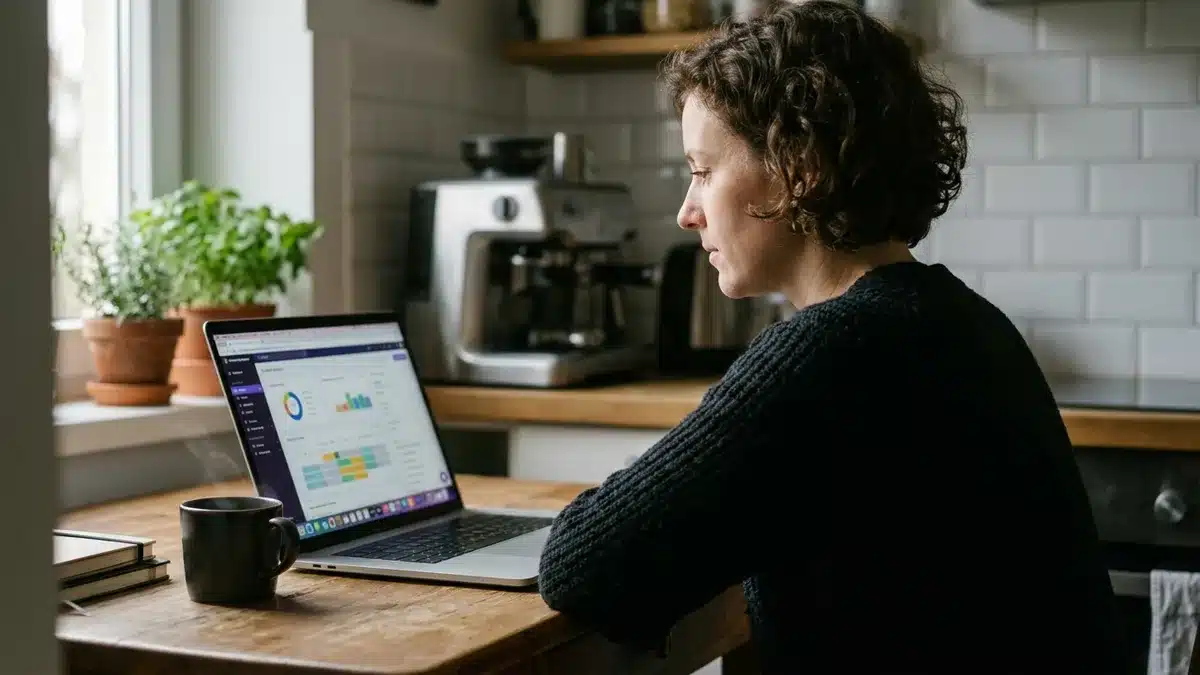 host reviewing how to grow direct booking channel dashboard on a laptop at kitchen desk