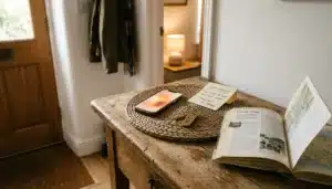 Smartphone glowing softly beside a guest checkout card, illustrating automated review requests for vacation rentals