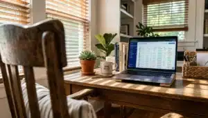 Best CRM for short term rental hosts shown as a tidy home-office desk with guest dashboard open on a laptop