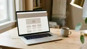 Laptop displaying a blank webpage layout, illustrating how to build a direct booking website without a developer