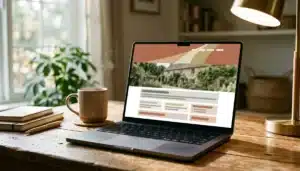 Laptop screen showing a direct booking website for short-term rentals with property photos and rates layout