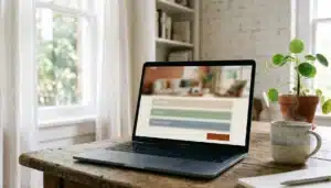 Laptop displaying a blurred direct booking property webpage layout, illustrating how to get more Airbnb bookings without ads