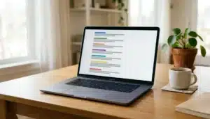 Laptop showing abstract search-results layout on a desk, illustrating how do I rank a website on Google for rental sites