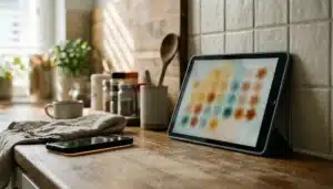 Tablet on a kitchen counter showing an abstract calendar grid, illustrating how long a new Airbnb listing takes to show up