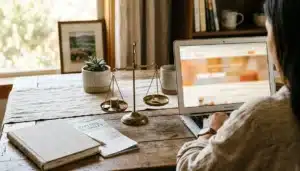 Brass scale weighing coins against a house key beside a laptop showing a direct booking website layout