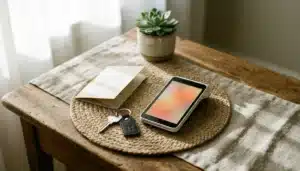 Card payment reader glowing softly on a rental entry table, illustrating how to accept payments for direct bookings