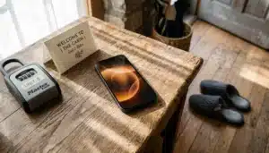 Smartphone glowing softly on entry table beside lockbox, showing how to automate guest messaging for rentals