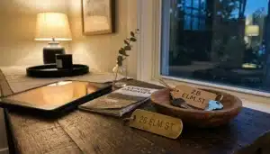 Vacation rental entry table with tagged keys and tablet, illustrating how to balance OTA and direct bookings