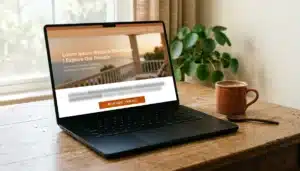 Laptop displaying an abstract vacation rental website layout illustrating how to convert website visitors to bookings