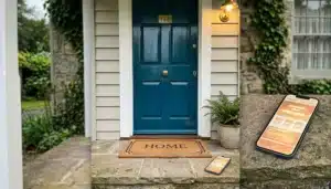 Front door of a short-term rental with a phone showing a webpage layout, illustrating how to grow direct booking channel