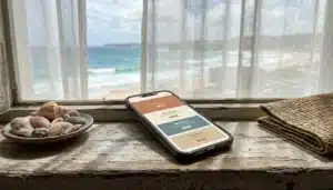 Smartphone showing a direct booking website layout on a windowsill in a beachfront vacation rental