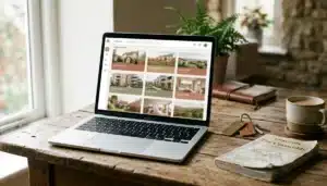 Laptop showing an abstract multi-property grid layout beside keychain tags, illustrating how to manage multiple vacation rentals