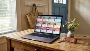 Laptop showing an abstract guest profile grid beside a rental key, illustrating how to own guest data from Airbnb