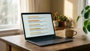 Laptop screen showing an abstract search-results layout, illustrating how to rank a vacation rental website on Google