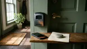 Smart lockbox and glowing phone by a vacation rental door showing how to reduce manual work vacation rental hosts face