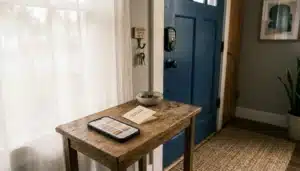Smart lock and phone with nine-tile app layout representing must-have tools for short term rental managers