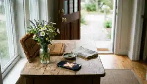 Entryway table with welcome sign, fresh flowers and phone showing a no booking fee direct reservation glow