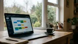 Laptop displaying a vacation rental dynamic pricing dashboard with color-coded rate calendar for real time pricing vacation rental website management