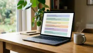 Laptop screen showing abstract search-result rows illustrating SEO for Airbnb listing rankings
