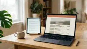 Laptop and tablet showing abstract website and search-result layouts for short term rental digital marketing