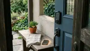 Smart lock keypad on a vacation rental front door, illustrating trust booking security signals for direct guests