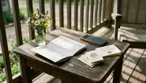 Vacation rental brand building shown through a styled porch table with guidebook, welcome note, and phone