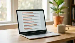 Laptop screen showing an abstract search-results layout, illustrating vacation rental SEO tips for ranking on Google
