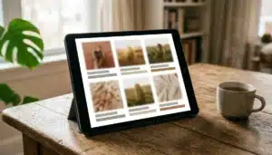 Tablet displaying abstract social media content grid layout for vacation rental social media strategy planning