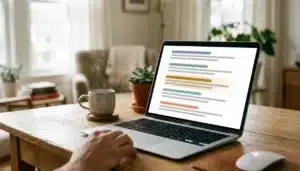 Laptop screen showing abstract search-result rows illustrating a vacation rental website not ranking on Google