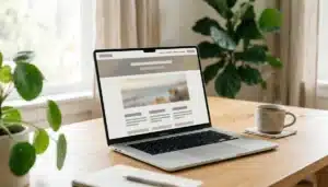 Laptop displaying an abstract website for vacation rental homepage layout on a sunlit desk
