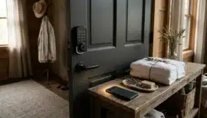 Smart lock keypad and folded towels at a vacation rental door, showing what Airbnb hosts prepare for guests