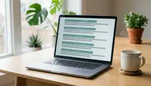 Laptop displaying an abstract search-results layout, illustrating the best search engine for vacation rentals