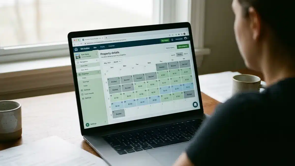 Short term rental website builder dashboard showing live PMS sync