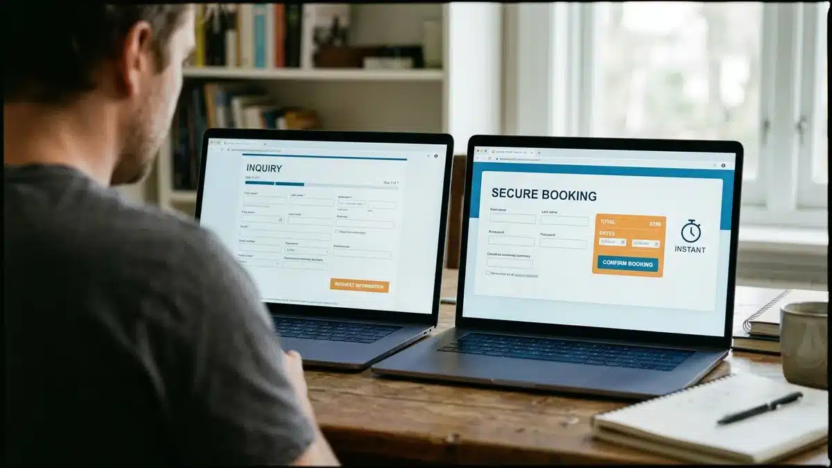 fast checkout flow on a rental booking website versus manual inquiry form