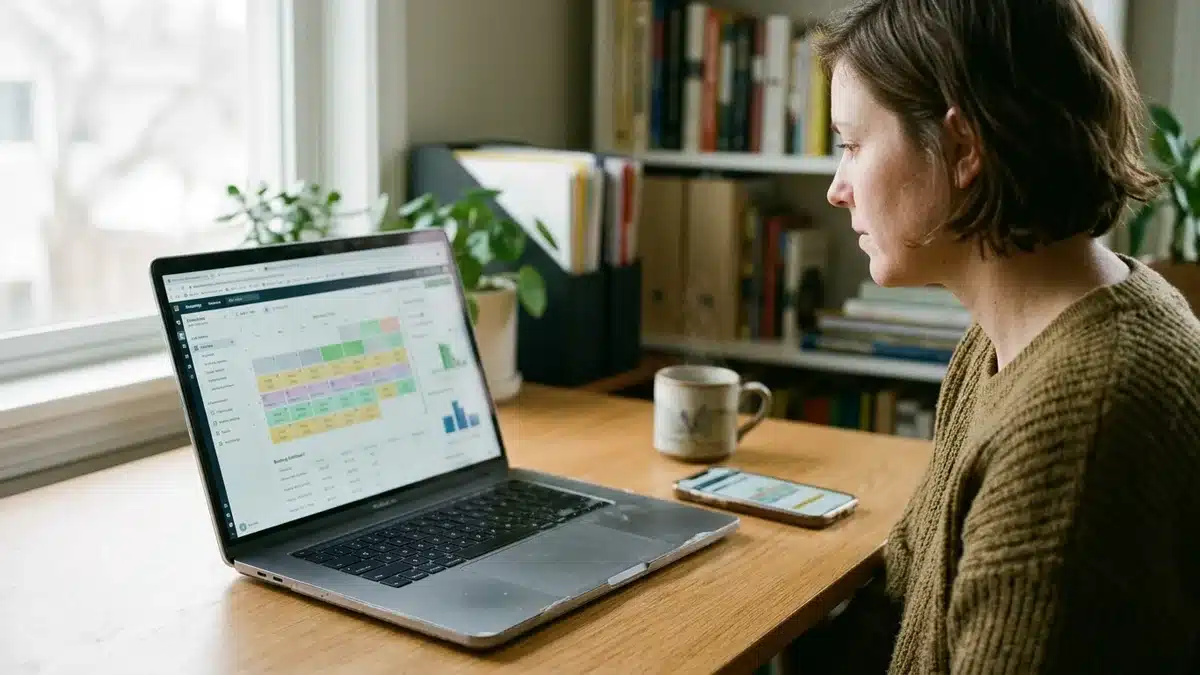 Host reviewing live booking calendar on website builder for property management dashboard