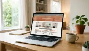 Laptop displaying an abstract property website layout, illustrating the best website builder for short term rentals