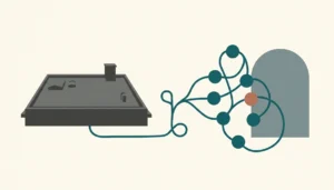 Abstract illustration of a rooftop shape linked by a branching line to calendar dots, symbolizing the best website builder for vacation rentals with live sync