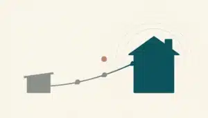 Abstract illustration of two rooftop silhouettes linked by a rising line, symbolizing how to boost booking through direct channels