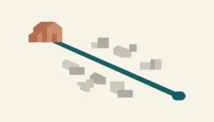 Abstract illustration of a house shape connected by a direct teal path, symbolizing a direct stay booking route for rentals