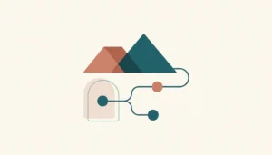 Abstract illustration of connected rooftop shapes and looping lines symbolizing a holiday rental website builder syncing bookings