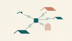 Abstract illustration of connected rooftop shapes and nodes symbolizing Hospitable PMS integration for short-term rentals