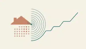 Abstract flat illustration of a rooftop shape, calendar dots, and a rising line symbolizing marketing vacation rental growth