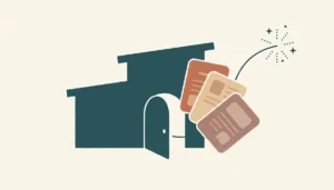 Abstract illustration of a house silhouette with unfolding tiles, symbolizing rental listing description examples that book