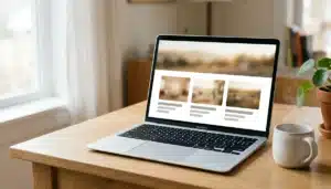 Laptop displaying an abstract branded webpage layout, illustrating a short term rental website builder setup