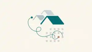 Abstract flat illustration of rooftops and a synced calendar grid representing a short term rental website template