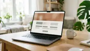 Laptop on a desk showing a blurred website wireframe layout, representing building an STR website for direct bookings