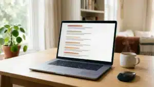 Laptop showing an abstract search-results layout on a desk, illustrating vacation rentals SEO for a direct booking website