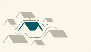 Abstract illustration of connected rooftop shapes representing a website builder for property management syncing multiple rentals
