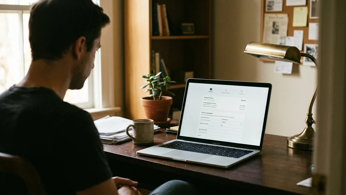Direct PMS checkout screen showing deposit and balance payment schedule for a vacation rental