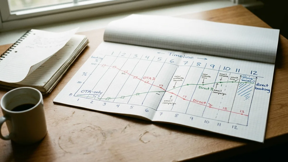 Direct booking strategy for holiday rentals shown climbing from OTA-only to majority direct over 12 months